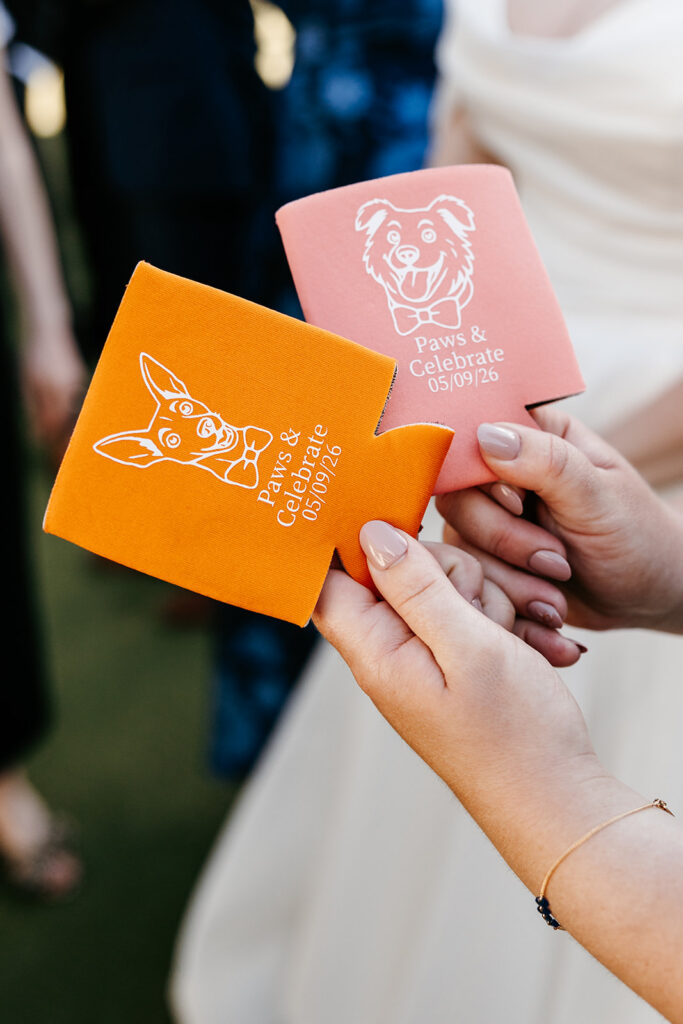Customized koozies incorporate personal details to couples immersive foodie wedding at The Hutton House