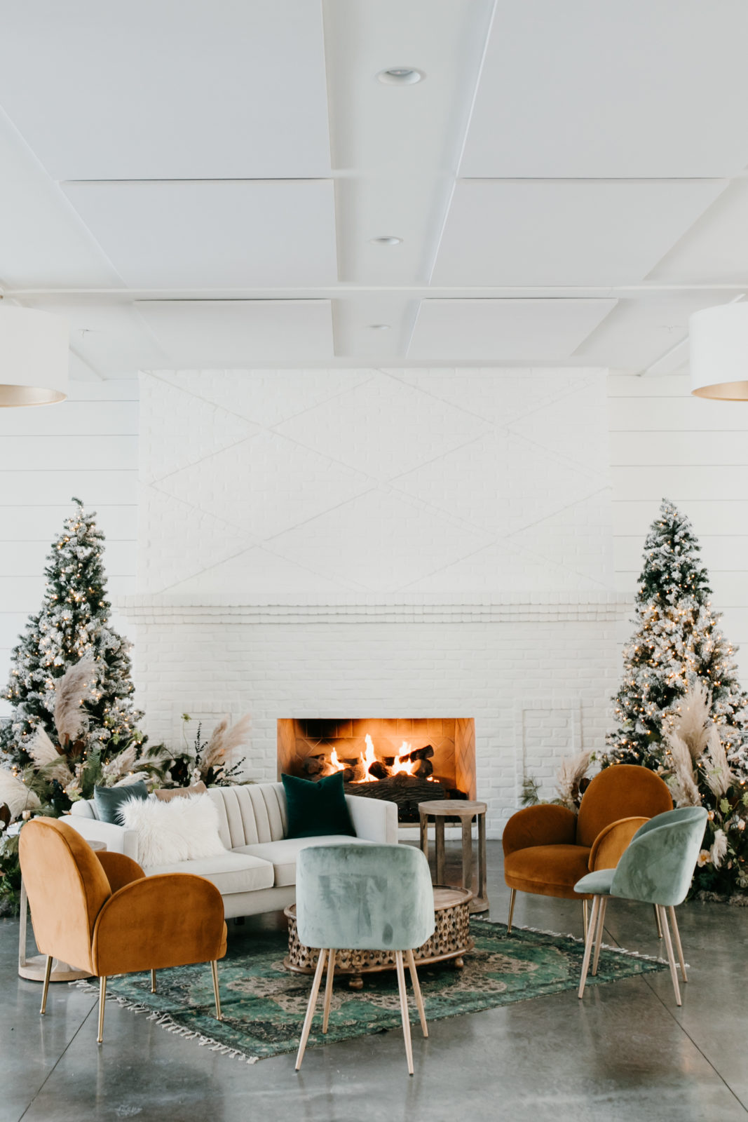 Cozy holiday party decor in The Hutton House Fireside Room